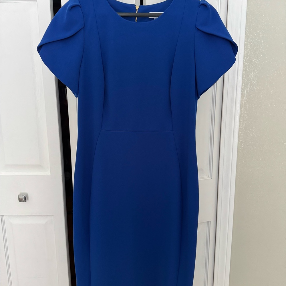 Calvin Klein Blue Sheath Dress with Flutter Sleeves